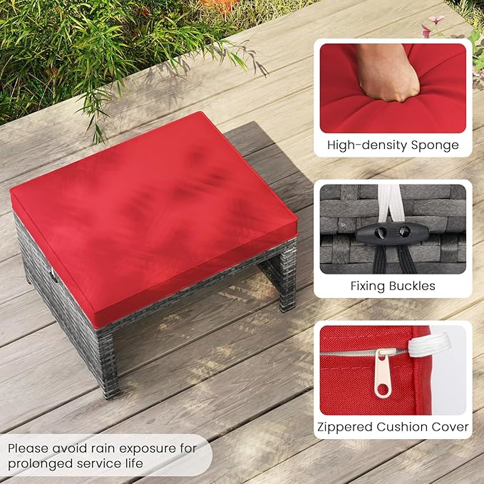 Tangkula 2 Pieces Patio PE Rattan Ottomans, Multipurpose Outdoor Footstool Footrest Additional Seating Side Table with Soft Zippered Cushions for Deck, Garden, and Yard (Red)
