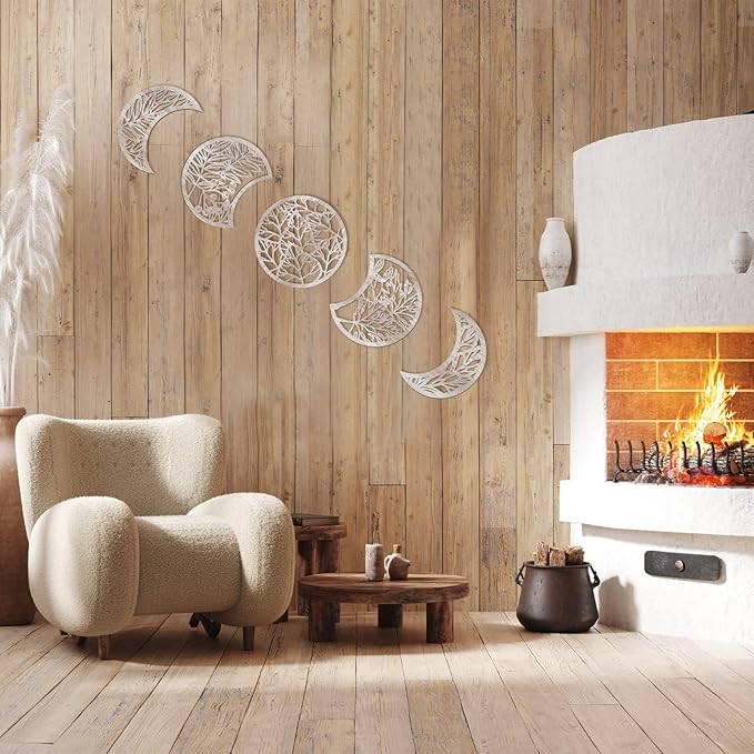 Jetec 5 Pcs Moon Phase Wall Art Decor Wall Pediments Hanging Wooden Moon Phase Spiritual Bedroom Nordic Boho Lunar Aesthetic Art for Living Room Dorm Apartment Bar Ornament(Vintage Color,10.6 Inch)
