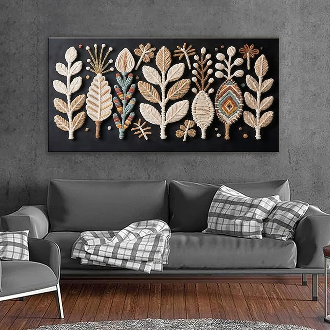 Boho Black Wall Art Chic Home Wall Art Modern Multicolor Leaves Feather Canvas Wall Art Decor For Living Room Bedroom Apartment Kitchen 24"W X 48"L Ready To Hanging