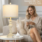 27" Farmhouse Table Lamps Set of 2, Vintage Bedside Lamps with USB A+C Charging Ports, 3-Way Dimmable Touch Control Traditional Nightstand Lamp for Living Room Beige (Bulbs Included)