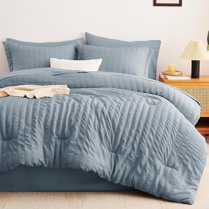 CozyLux Grayish Blue Queen Comforter Set Seersucker 7 Pieces Dusty Blue Bed in a Bag Queen Comforter Set with Sheets, Luxury Bedding Set with Down Alternative Comforter, Sheets, Pillowcases & Shams