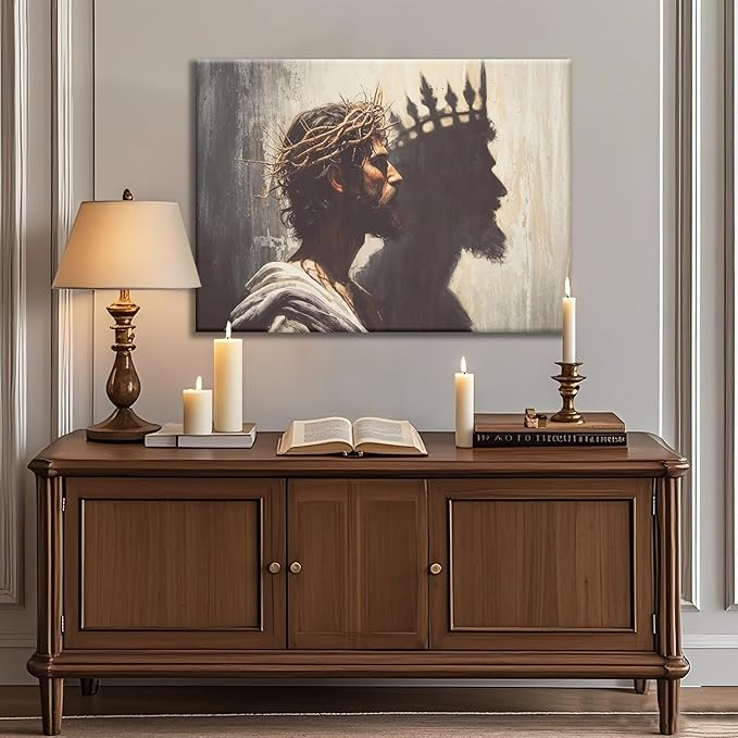 Framed Jesus is the King Christian Wall Art, Jesus and Crown Canvas Wall Decor Christ Biblical Pictures Painting Prints Religious Room Decor for Church Prayer Room Schools Hospitals 24" x 16"
