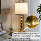 Gold Table Lamp 24" Nightstand Lamps Set of 2 Bamboo Shape Base Metal Desk Lamps with Linen White Shade Bedside Nightlight with USB A+C Ports Rustic Buffet Lamp for Living Room Bedroom