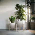 ARNIS Plants Pots with Stand,Set of 2 Flower Pots, Unique Mid Century Decorative Metal Flower Pots with Drainage,10.5&12.25 Inch, Grey and White