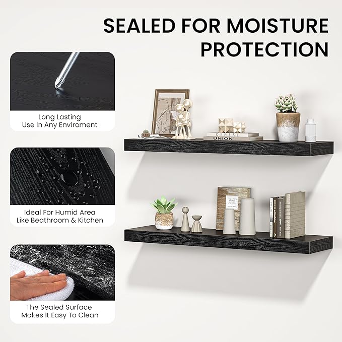 Floating Shelves for Wall, 24" W x 6.7" D x 1.5" H, Wooden Wall Mounted Display Shelves with Invisible Brackets for Living Room, Bedroom, Bathroom, Kitchen Decor and Storage, Set of 2, Black