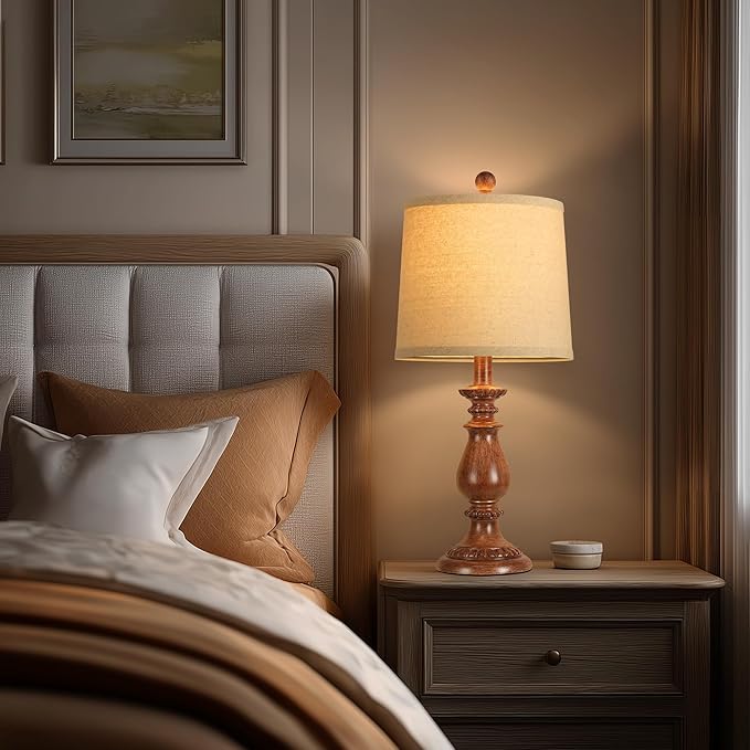 QiMH Farmhouse Table Lamp Set of 2, Rustic Table Lamps for Living Room, Vintage Nightstand Lamp with Rotary Switch, Beside Lamps for Bedroom, Traditional Table Lamps with Linen Shade, Wood Grain
