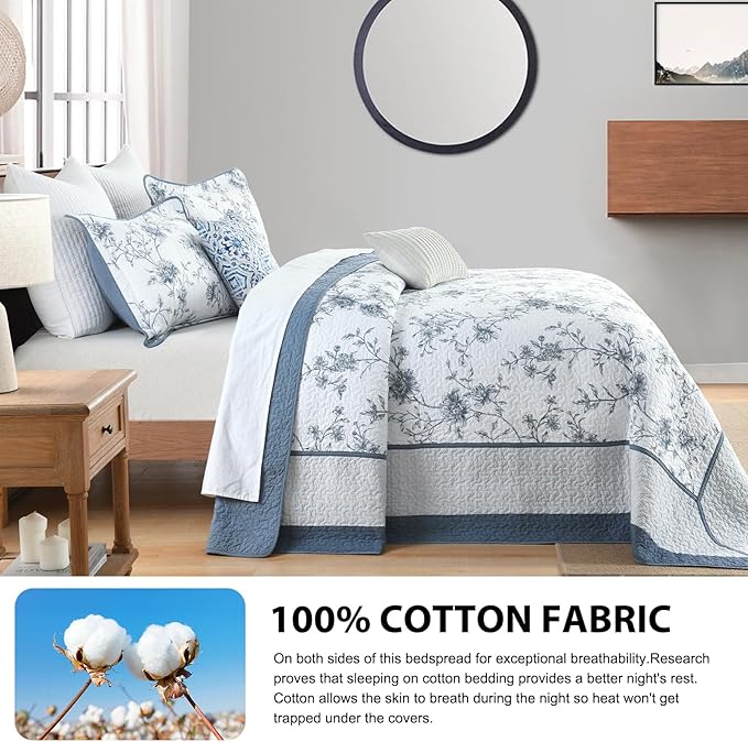 DDUOXIN Botanical Oversized Queen Bedspread - 102" W x120 L Extra Wide 100% Cotton California Quilt, Lightweight Reversible Oversize Bedspreads with 2 Pillow Shams, Blue/White/Pale Blue Gray