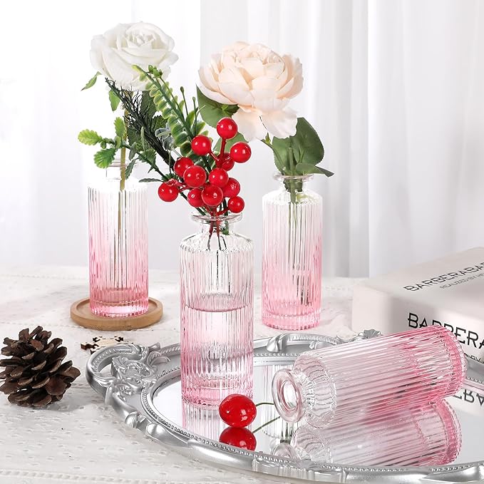 Glass Bud Vases Set of 20, Living Bud Vases, Small Bud Vase in Bulk, Mini Flowers Vases for Centerpiece, Vintage Decorative Vase Set for Table Decorations, Wedding Reception, Home Decor (Pink)