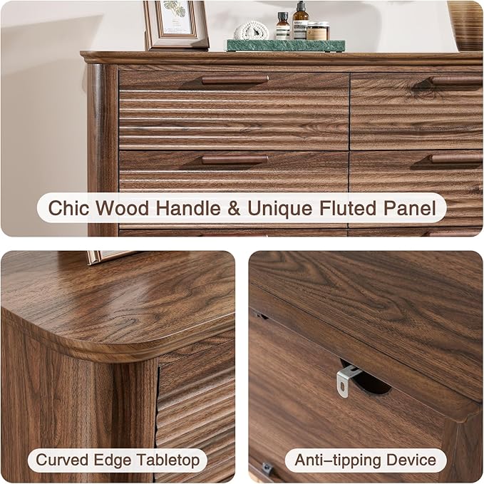Okvnbjk Fluted 8 Drawer Dresser, 52" Wide Modern Wood Dresser for Bedroom, Chest of Drawers with Curved Profile Design, TV Stand & Storage Organizer for Living Room, Hallway