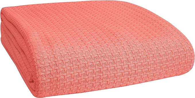 BELIZZI HOME 100% Cotton Bed Blanket, Breathable Bed Blanket Full Queen Size, Cotton Thermal Blankets Full Queen, Perfect for Layering Any Bed for All Season, Coral