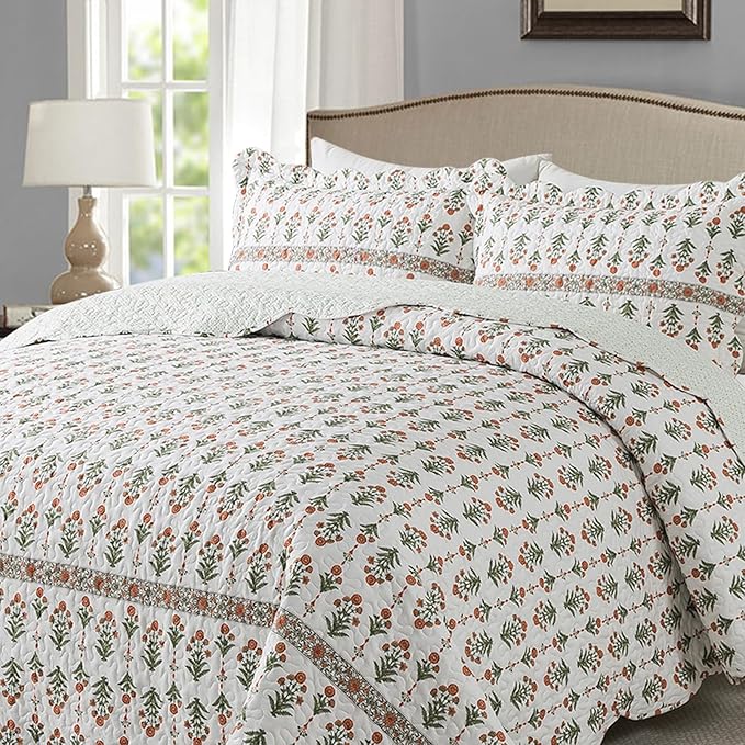 Travan 3-Piece Quilt Set Quilted Bedspread Lightweight Coverlet Set Garden Style Floral Printed Oversized Quilted Bedding Set for All Season, Orange Mirror, Queen Size