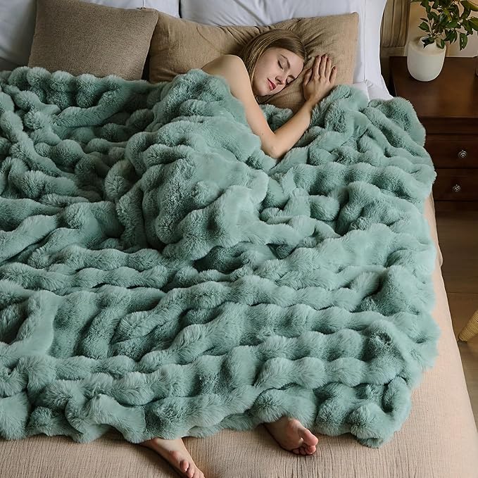 Lotus Karen Faux Fur Throw Blanket Sage Green - Big Bubble Rabbit Fluff Blanket for Couch Bed Sofa,Softest Fluffy Fuzzy Cozy Blanket, Plush Thick Furry Shaggy Warm Blankets for Women,50x60 Inches