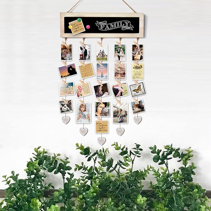 Picture Frames Collage Display Board with 30 Clips - Multi Photos Cards Organizer with Adjustable Twines and Magnetic Blackboard - DIY Wall Decor Hanging Picture Holder 15.7x5 Inches