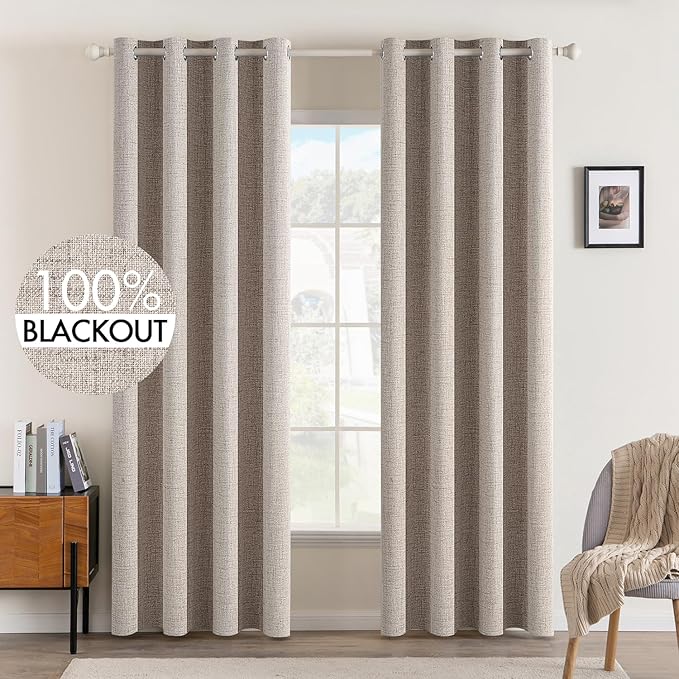 MIULEE Linen Texture Curtains for Bedroom Solid 100% Blackout Thermal Insulated Khaki Curtains Grommet Room Darkening Drapes for Living Room Nursery 52x108 Inch (2 Panels)