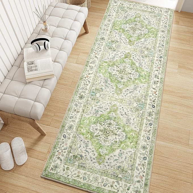 Topllen Runner Rug - 2'6"x8' Boho Washable Kitchen Rug, Non-Slip Soft Low Pile Rugs Indoor for Hallway Hall Living Room Bedroom Sunroom, Vintage Throw Stair Carpet Stain Resistance (Green, 2.5x8ft)