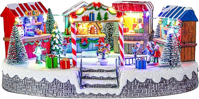 Bdor Christmas Market Village Scene with LED Lights | 8.3 x 5.9 x 5.9 Inches Battery Operated Holiday Decoration with Musical & Animated Market Stalls for Indoor Home Décor