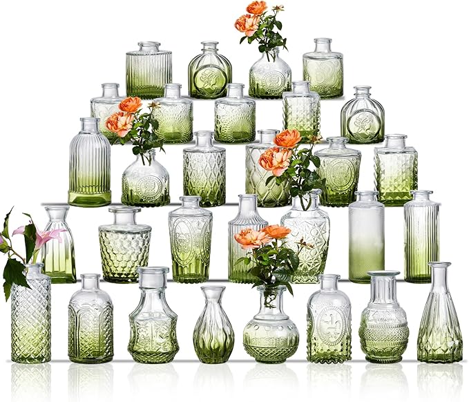 Glass Bud Vase Set of 30 - Small Vases for Flowers in Bulk - Assorted Vintage Crystal Vases for Flowers, Table Centerpieces (Green, 30 Pcs)