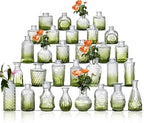 Glass Bud Vase Set of 30 - Small Vases for Flowers in Bulk - Assorted Vintage Crystal Vases for Flowers, Table Centerpieces (Green, 30 Pcs)