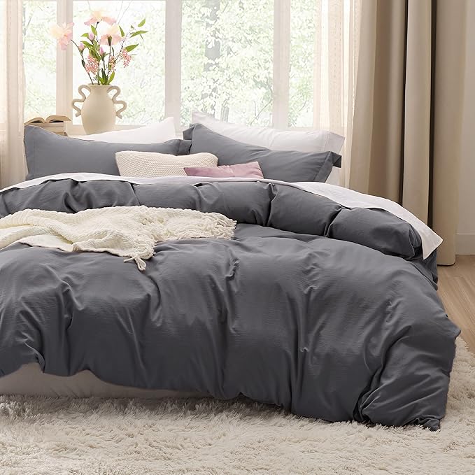 Bedsure Dark Grey Duvet Cover Full Size - 3 Pieces Prewashed Extra Soft Cotton-Like Bedding Set, Includes 1 Duvet Cover 80x90 Inches with Zipper Closure & 2 Pillow Shams, Comforter Not Included