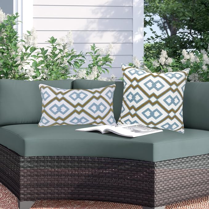 Alysheer Embroidered Decorative Throw Pillow Cover 18"x 18" Set of 2, Classic Boho Geometric Embroidery Pattern Cotton Rectangular Cushion Case for Sofa Couch Living Room Bedroom (Blue Khaki)