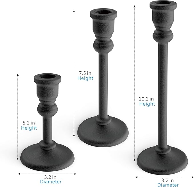 3-Piece Metal Candle Holders Set - Heavy Duty Alloy Taper Candlesticks for Table Centerpiece, Christmas, Dinner Party, Vintage Home Decor - 5-7.5 -10.3Inch Tall, Antique Gold Finish (Black)