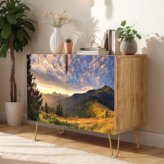 SIGNWIN Sideboard Buffet Cabinet, Kitchen Storage Cabinet with 2 Doors, Sunset Sky Autumn Mountain Valleyism, Cupboard Console Table for Dining Room - 35" L x 18" W x 29" H