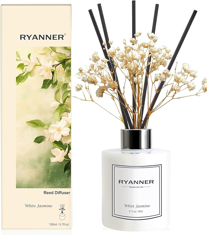 Flower Reed Diffuser Set,5.1oz White Jasmine Scent Diffuser with Sticks Home Fragrance Reed Diffuser with Essential Oil for Bathroom Shelf Decor&Air Freshener,Home Bathroom Office Decor&Gifts