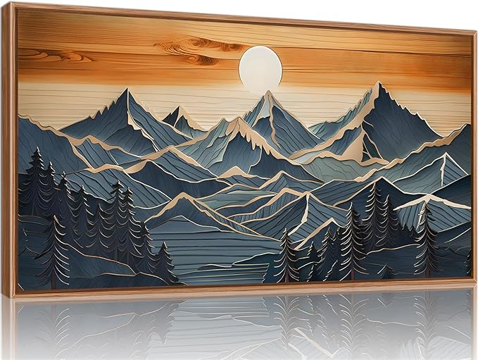 Tinonedraw Metal Mountain Framed Canvas Wall Art, Boho Mountains Forest Artworks, Mid Century Modern Blue Ridge Wall Decor, Vintage Nature Sunset Art Print for Living Room Bedroom Office 20"x40"