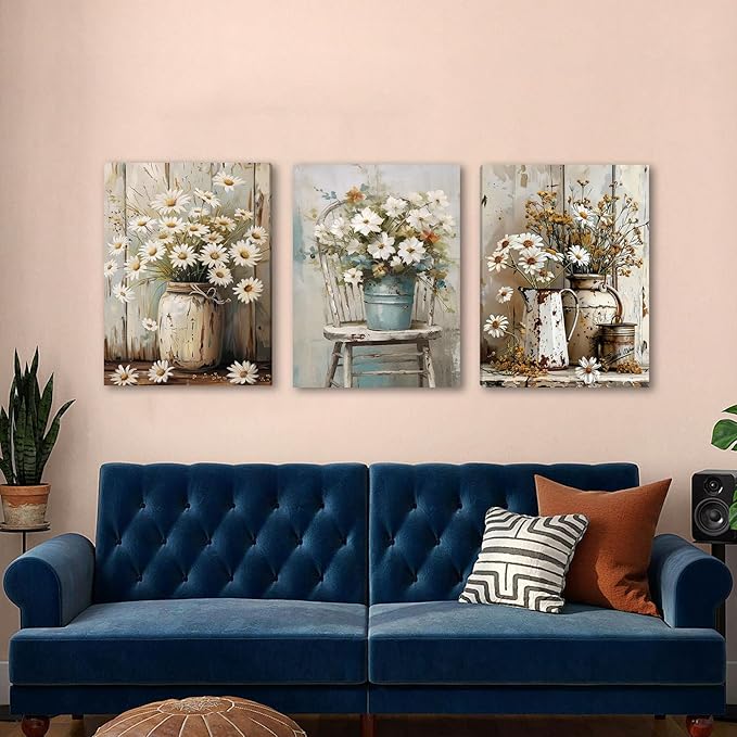 DUWQU 3 PCS Elegant Farmhouse Canvas Wall Art, Vintage Floral Pictures Art Wall Decor, Nature Themed Daisy Art Prints for Living Room Bedroom Kitchen and Office Ready to Hang 12×16 Inches