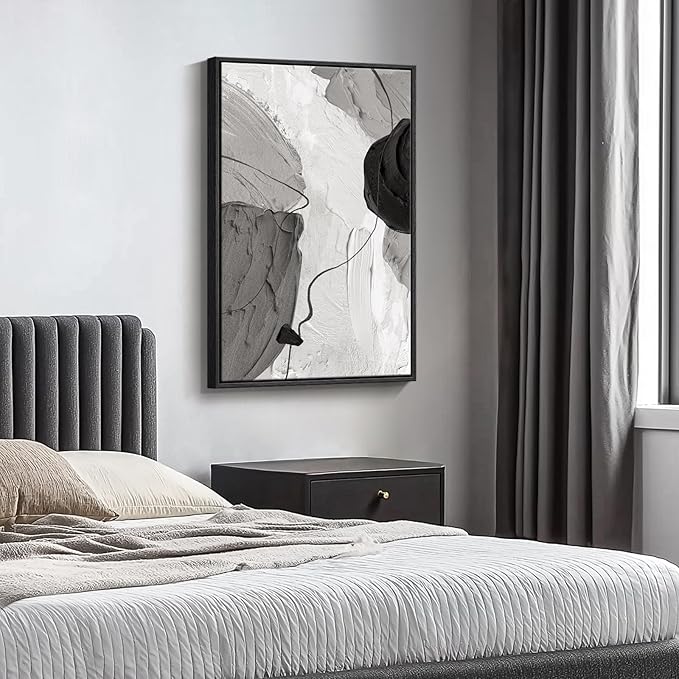 Framed Black and White Abstract Canvas Wall Art, Large Modern Art Prints Paintings Artwork for Walls, Minimalist Gray Pictures for Living Room Bedroom Dining Room Office Bathroom Wall Decor 24x36 In