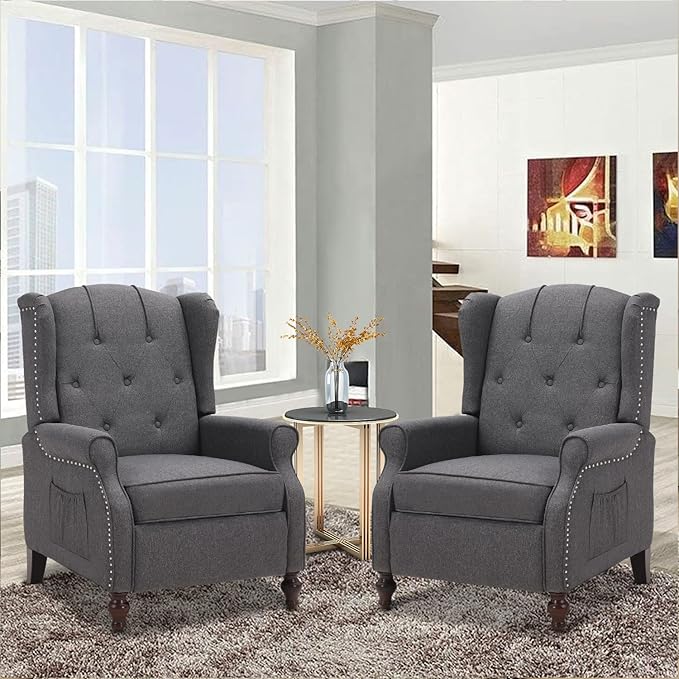 Wingback Recliner Chair with Massage and Heat, Tufted Fabric Push Back Recliner Chair for Living Room, Vintage Wingback Chair with Remote Control, Padded Cushion, Backrest, Wooden Legs