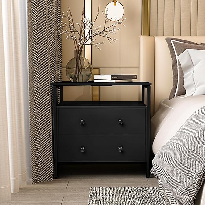 27 inch Wide Night Stand with Charging Station, Bedside Table with Open Shelf, 2 Drawers Small Wood Dresser, Modern Wood Nightstand for Bedroom/Living Room (Black)