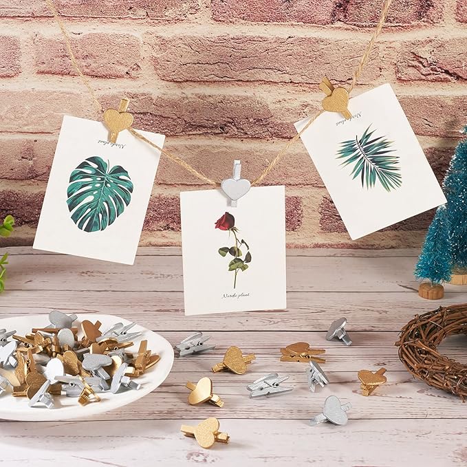 Pandahall 100Pcs Wooden Heart Clothespins Photo Clips Photo Paper Pegs Clips Gold Silver Mini Clothes Pins Holiday Card Holder Display with 10.9 Yards Jute Twine