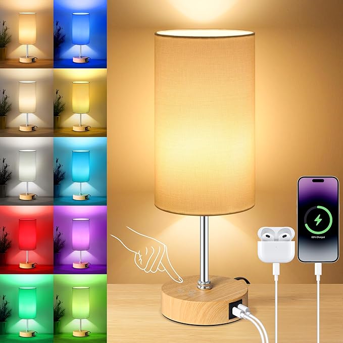 Unicozin Small Table Lamp, 3CCT & 7 RGB Color Changing, Dimmable Nightstand Lamp with Wood Grain Base, Touch Bedsides Lamp for Bedroom, Office, Kids Room, Nursery, Party, White Shade