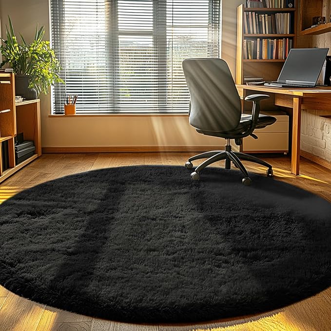 CAIYUECS Black Round Rug for Bedroom 4x4Feet: Soft and Fluffy Area Rug for Boys Bedroom- Black Oval Furry Plush Rug for Kids Room, Nursery, 4ft