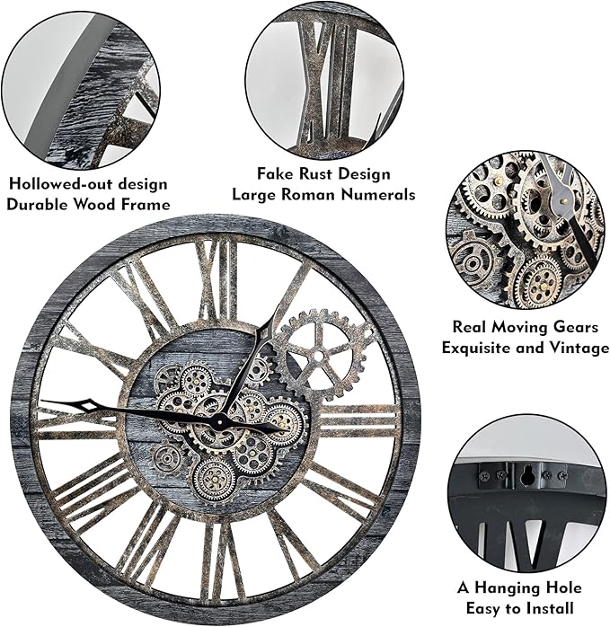 The B-Style Large Real Moving Gears Wall Clock 30 inch Rustic Retro Industrial Farmhouse Wood Clock Oversized Decorative Vintage Wall Clocks for Living Room (Carbon Gray)