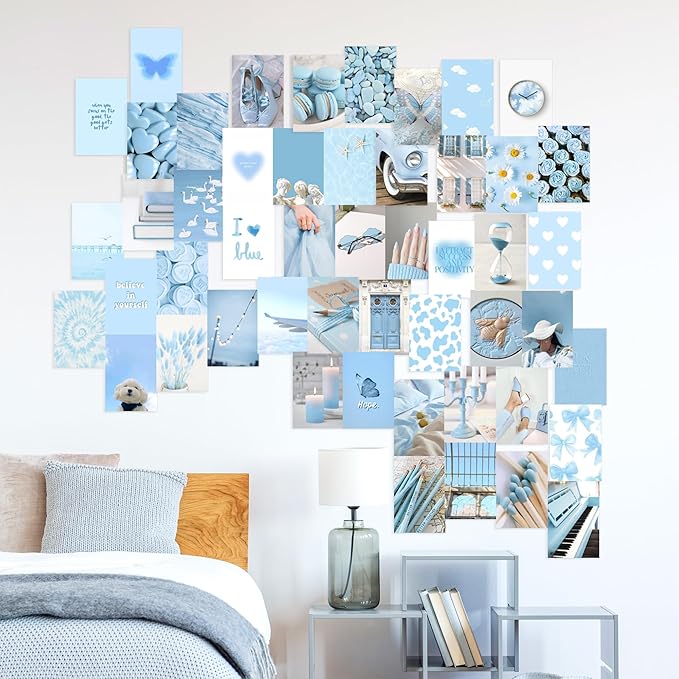 Y2K BOO Baby Blue Wall Collage Kit - 50 Aesthetic Light Blue Posters for Teen Girl Room Decor, 4"x6" Minimalist Prints for Dorms, Bedrooms & College Apartment Wall Art