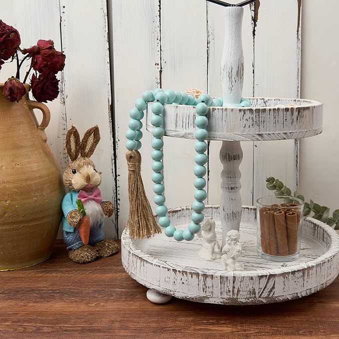 OMISHE 59in Wood Bead Garland with Tassels, Decorative Beads, Farmhouse Wooden Beads Garland for Wall Hanging Home Festival Decor, Aqua, Teal