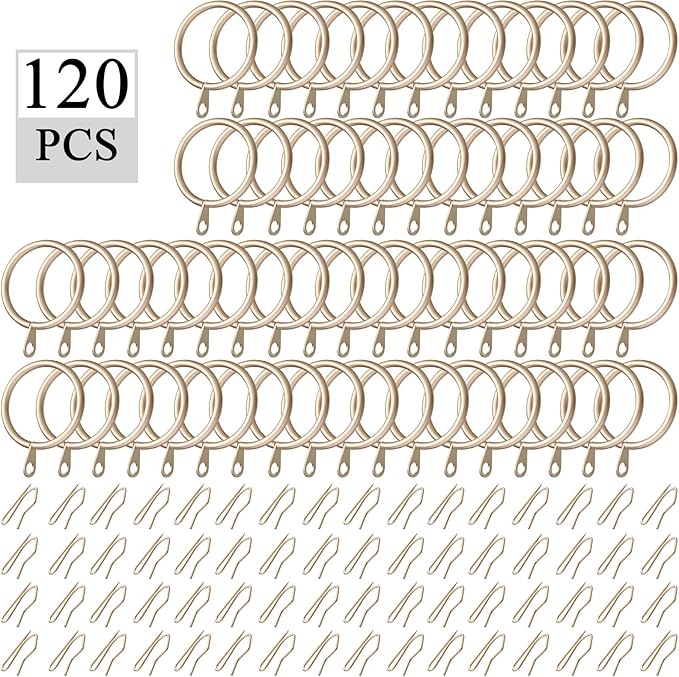Hotop 60 Pieces 1.65 Inch Metal Drapery Curtain Rings Curtain Hanging Rings and 60 Pieces Metal Curtain Drapery Pin Hooks for Window Door Shower Curtain (Champagne Gold)