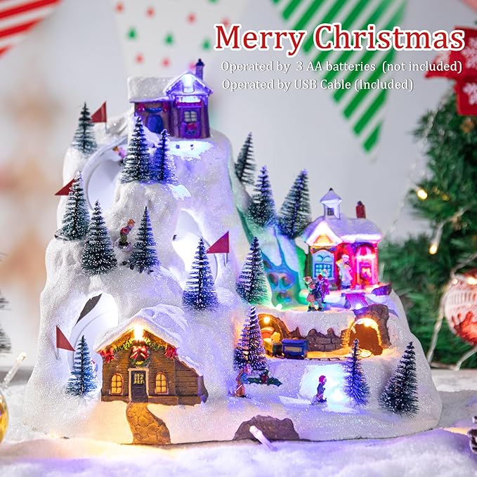 VCUTEKA Christmas Village Collectible Building, Snowy Mountain with Ski Slopes and Revolving Train Lighted Musical Village Addition to Your Christmas Indoor Decor
