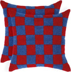 Alysheer Checkered Embroidered Decorative Throw Pillow Covers 18"x 18" Set of 2, Classic Chic Red Blue Plaid Tufted Patterned Cotton Canvas Cushion Case for Sofa Couch Bed Living Room