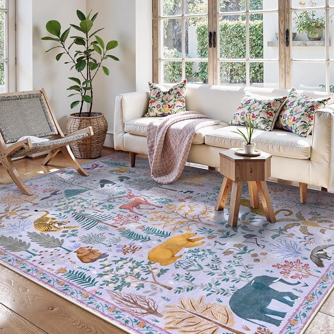 OJIA Animal Print Washable Rug 5x7 Area Rugs for Nursery, Soft Kids Bedroom Rug Ultra-Thin Non-Slip Modern Living Room Carpet, Stain Resistant Throw Carpet for Office Dining Room