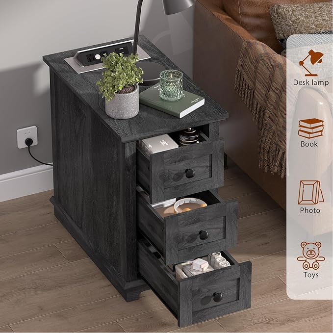 HIFYOBRO 3 Drawers End Table with Flip Top Charging Station, Side Table with Storage, Narrow Wooden Nightstand, End Table Living Room & Bedroom