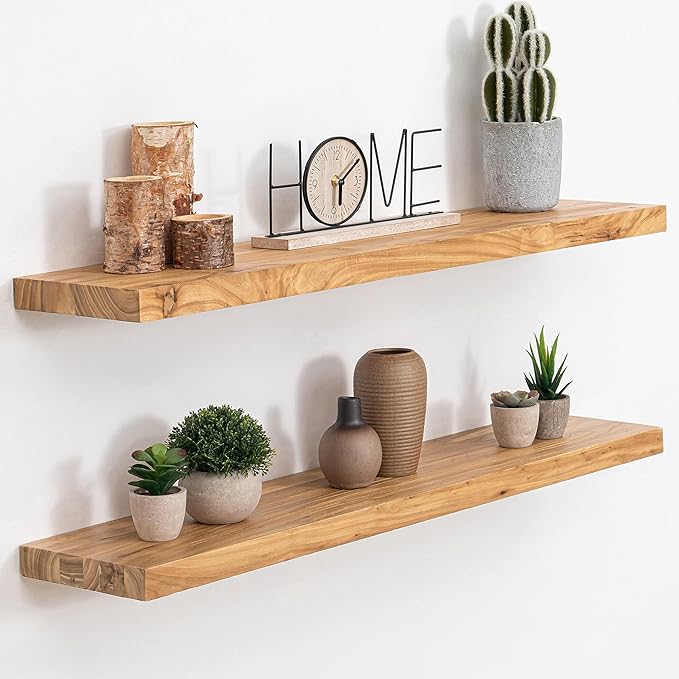 Floating Shelves, 8" Deep Rustic Solid Elm Wood Wall Mounted Floating Shelves, Wall Shelves with Invisible Bracket for Living Room Bathroom Bedroom Kitchen, 36 Inch Set of 2, Natural