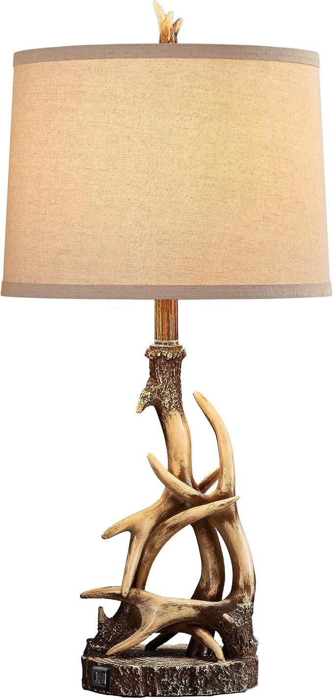 Rustic Table Lamp 27.25'' Tall Deer Antler Lamps for Living Room End Table with USB Port Western Country Lamps for Bedroom Cabin Bedside Lamps for Nightstand, Single, Bulb Not Included