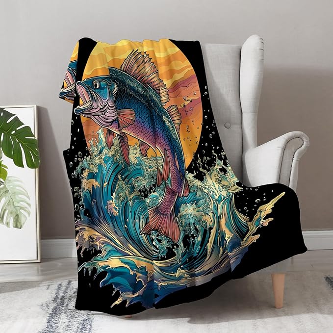 Aimego Fishing Blanket Gifts for Fisherman - Fish Lovers Throw for Dad Men Boys Teens Women Adults Travel Camping Soft Fleece Cozy Bed Couch Decor Birthday Christmas Lightweight Blanket 50"x60"