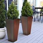 WORTH Garden Large Metal Glazed Planter Set of 2 (25" + 28"), Luxurious Glossy Finish Red Tall Square Tapered Steel Plant Pot, Decor Flower Pot Indoor & Outdoor, Drainage Hole & Dual-Purpose Saucer