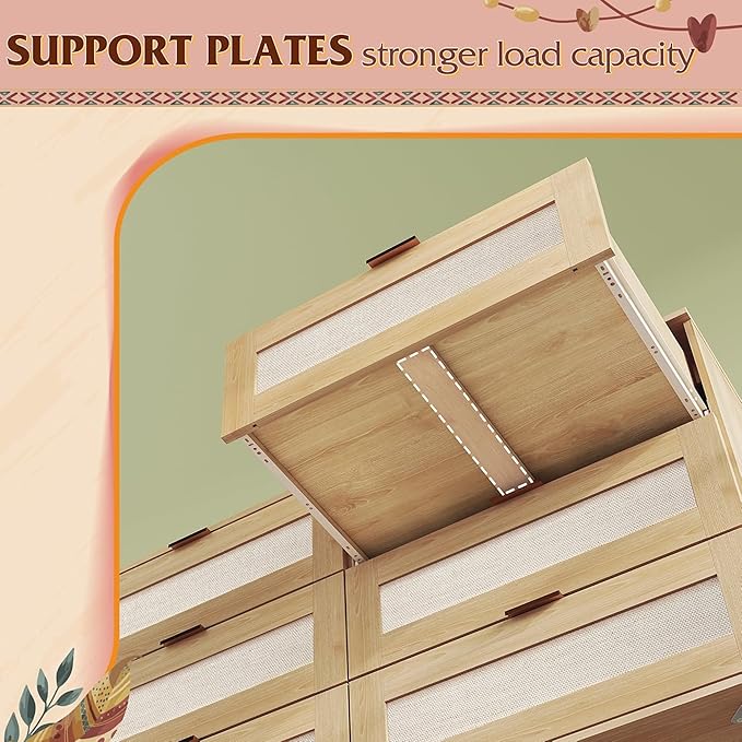 WLIVE Rattan Dresser for Bedroom, 6 Drawer 47.24'' Wide Boho Wood Dresser, Chest of Drawers, Gold Metal Handle, TV Stand for 55 inch TV, Storage Cabinet for Living Room, Hallway, Light Oak