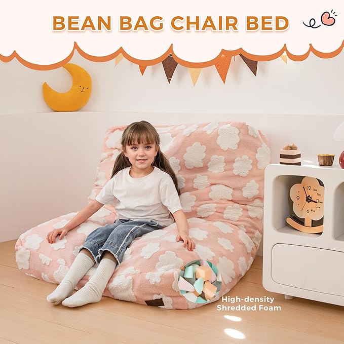 MAXYOYO Bean Bag Chair Bed for Kids, Convertible Bean Bag from Lazy Chair to Floor Bed, Fresh Cloud Design Cover, Stuffed Floor Sofa Couch for Boys and Girls, High-Density Foam Filling, Pink