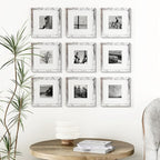 Vittanly 8x8 Picture Frames Set of 9, Shatter Resistant Plexiglass, Display 4x4 Pictures with Mat or 8x8 without Mat, Photo Frames for Wall Mount, Engineered Wood, Distressed White
